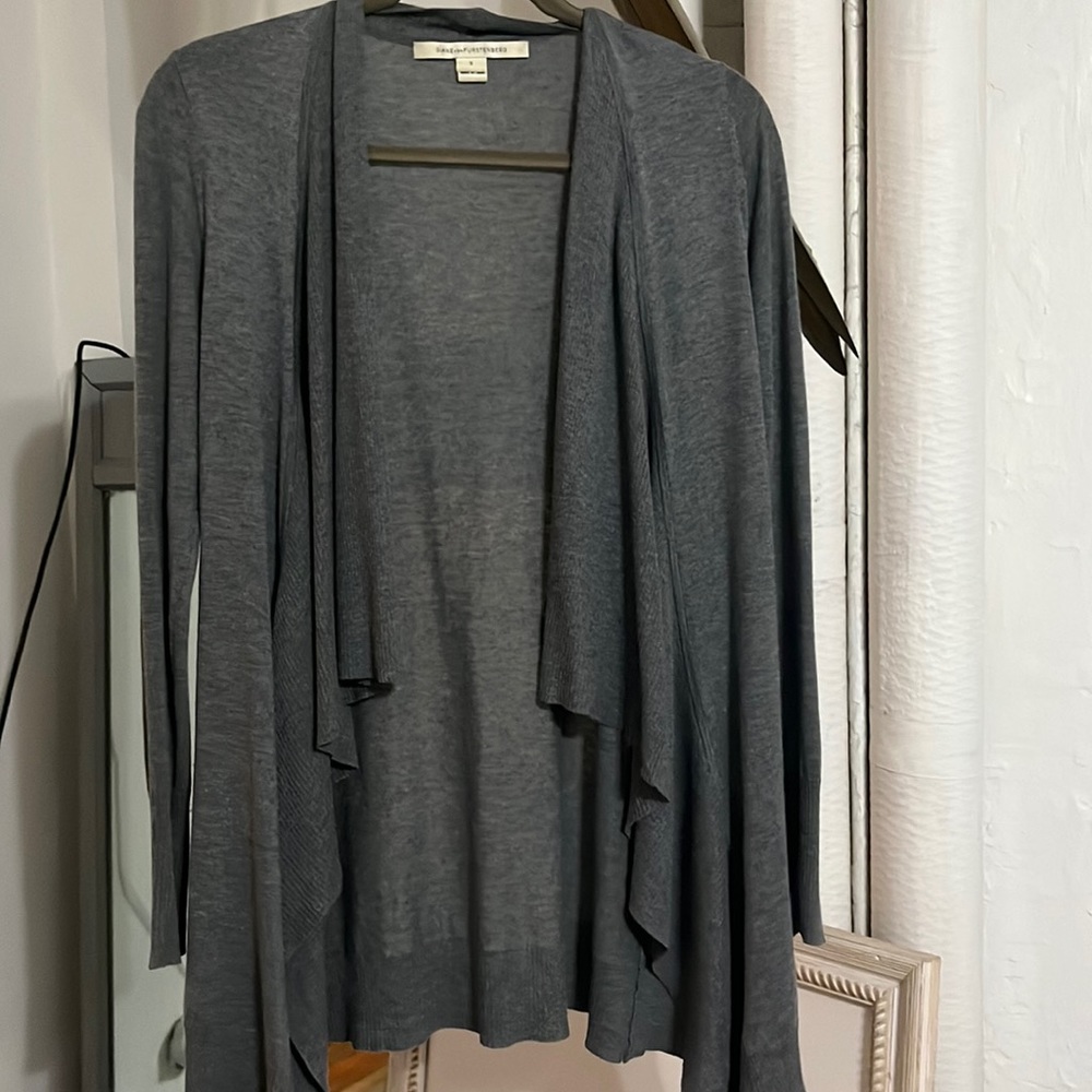 Gray Diane Von Furstenberg cardigan.